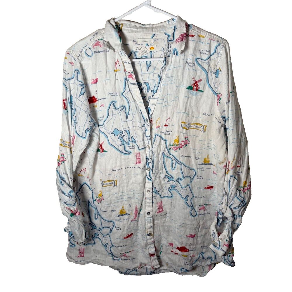 C&C California Shirt Women's Large White Map All-Over Graphic 100% Linen Button